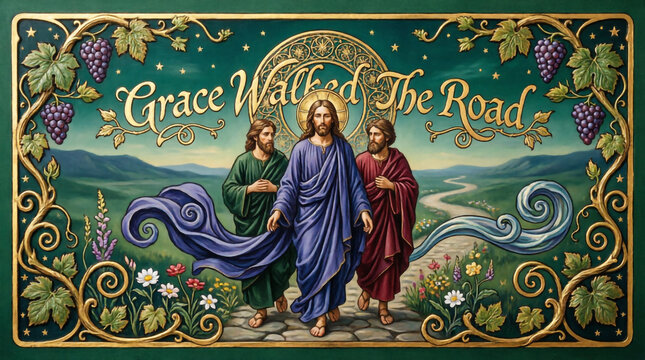 Risen Jesus Christ appears to two disciples on the Emmaus road in Luke chapter 24.