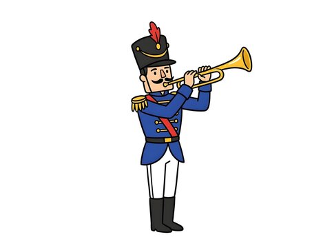 Nutcracker Style Soldier Playing Gold Trumpet Vector Illustration