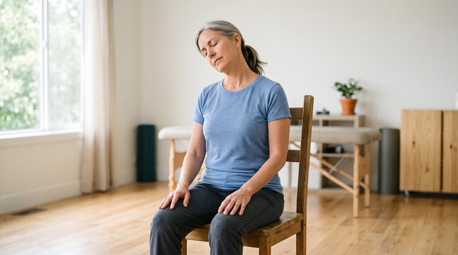 Senior woman practicing gentle neck stretching exercises while sitting on a chair.