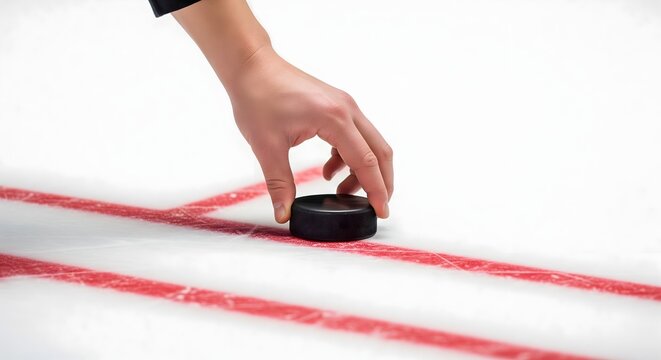 Hand placing a black ice hockey puck on red line markings on ice rink