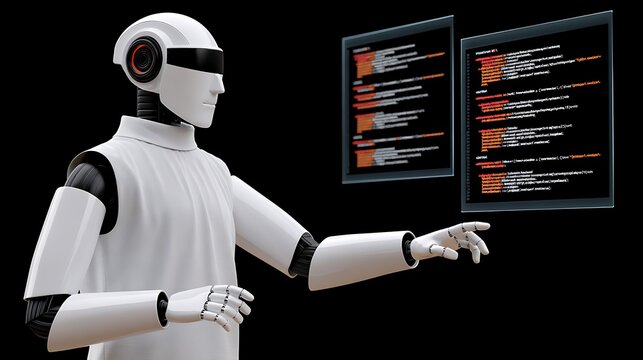Futuristic white robot with black visor interacting with digital code screens