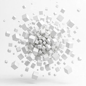 Explosion of white cubes against a bright clean background with soft lighting.