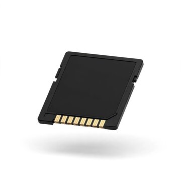 Floating black SD card isolated on white background with soft shadow for digital storage concept.