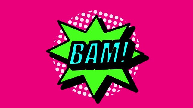 Comic book BAM text in green starburst bubble on pink background. Pop art style sound effect animation. Retro halftone dot graphic.