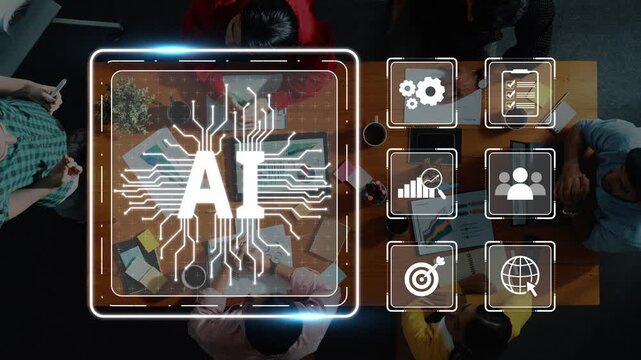 A diverse group of professionals engaged in a collaborative session focused on artificial intelligence, featuring digital icons and technology elements over their workspace. Raster