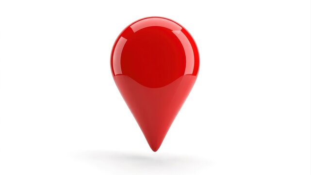 Glossy red map pin marker floating on a clean white background with soft shadow.
