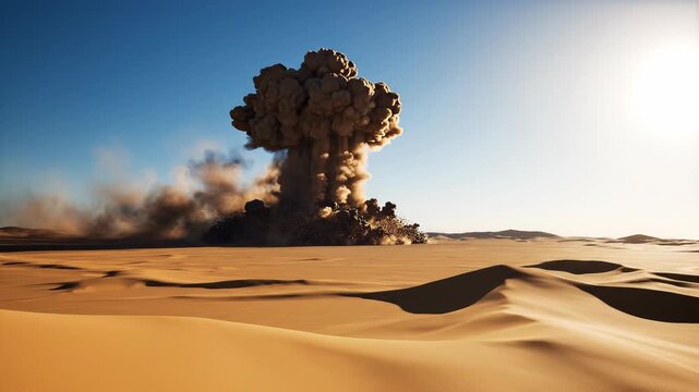 Mushroom cloud explosion in desert sand dunes under bright sun