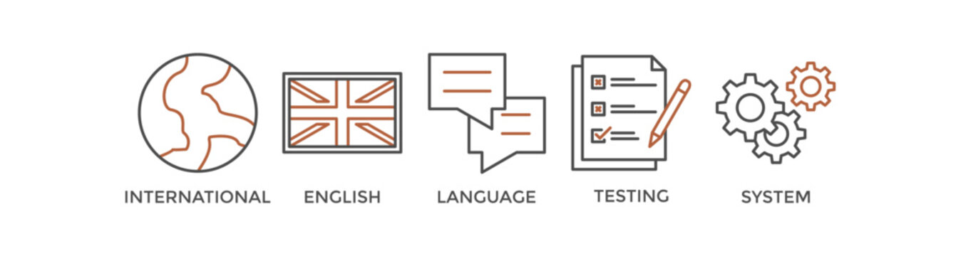 IELTS banner web icon vector illustration concept for International English Language Testing System with an icon of globe, England flag, communication, evaluation, and gears