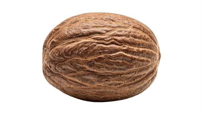 A single whole nutmeg spice, isolated on a white background, ready for culinary use