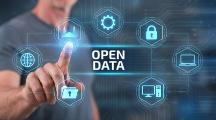 Fototapeta premium Man touching open data technology interface screen with business and security icons