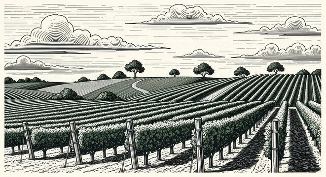 Vintage Engraving Style Vineyard Landscape with Rolling Hills and Grapevine Rows in Black and White