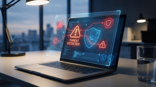 cyber security emergency alert with red shield indicator,  laptop displaying active threat detection and firewall alert, threat detected warning message with warning icon on laptop screen 