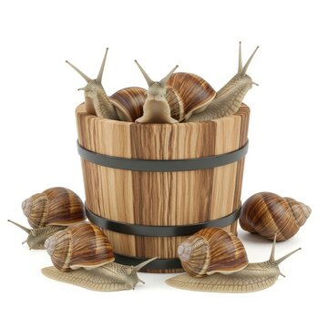 Garden snails in a wooden bucket, group of brown land snails crawling on a rustic timber barrel, gastropod mollusks isolated on white background