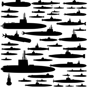 Collection of 24 black silhouette submarines arranged in a 6x4 grid on a white background, showcasing various designs and sizes. The submarines are depicted in a minimalist, vector illustration sty...