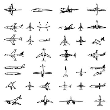 Aircraft set with black and white vector illustrations arranged in a 4x6 grid featuring fighter jets, commercial airliners, military planes with top-down view and minimalist design