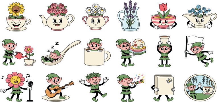 Retro Vintage Teatime Garden Fairy Cartoon Character Vector Set with Cute Elf Pixies, Anthropomorphic Teapot, Cup, and Flower Elements for Sticker Designs