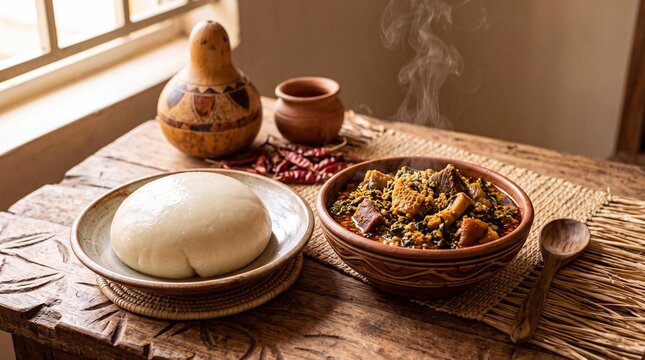 Traditional West African fufu and steaming egusi soup on a rustic table