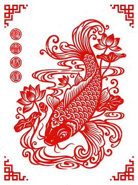 High-contrast red paper-cut style Chinese koi fish swimming upstream with water ripples and lotus motifs on pure white background