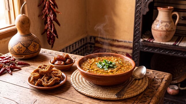 Traditional Moroccan Harira soup with dates and chebakia for Ramadan Iftar