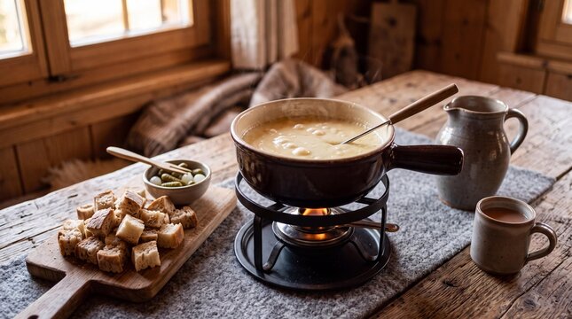 Traditional Swiss cheese fondue bubbling in a caquelon inside a cozy chalet