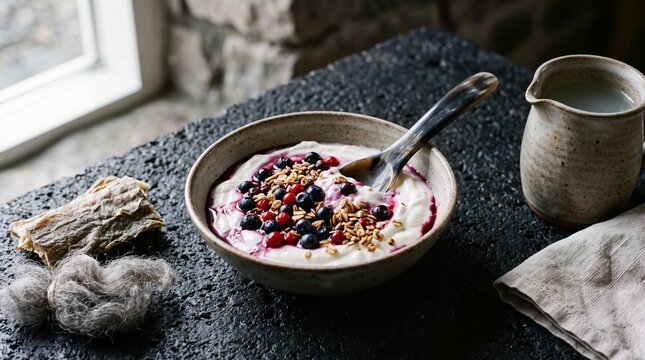 Traditional Icelandic skyr with wild berries and oats in a rustic bowl.