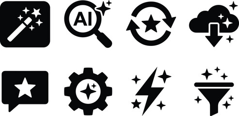 AI smart tool and automation vector icon set with magic wand and cloud symbols © Zinnah
