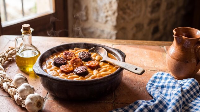 Steaming Spanish fabada asturiana bean stew with chorizo in a rustic clay pot