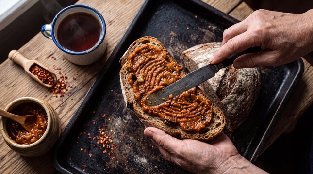 Spreading traditional Romanian zacusca aubergine spread on sourdough bread