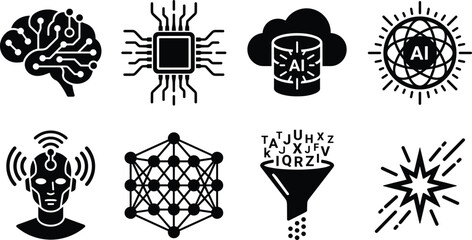 Fototapeta premium Artificial intelligence neural network and machine learning black vector icon set for tech innovation