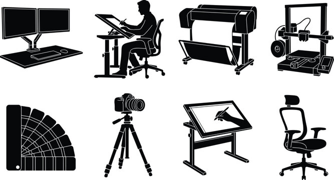 Creative studio workspace equipment and graphic designer tools black vector silhouette icon set