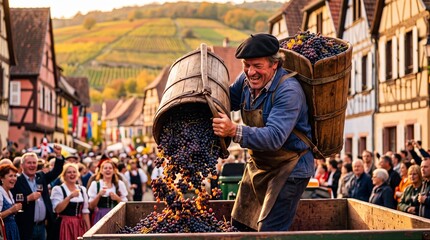Obraz premium Cheerful French winemaker pouring grapes during Alsace wine harvest festival