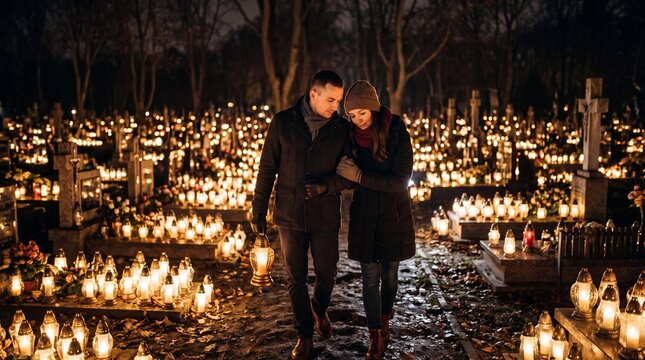 Romantic couple walking through a candlelit cemetery on All Souls' Day, Poland
