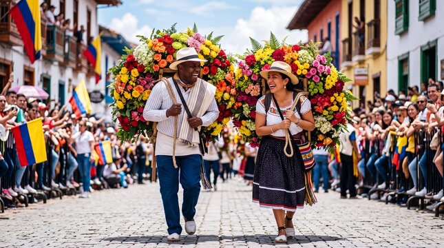 Smiling Colombian couple carrying flower silletas at Feria de las Flores