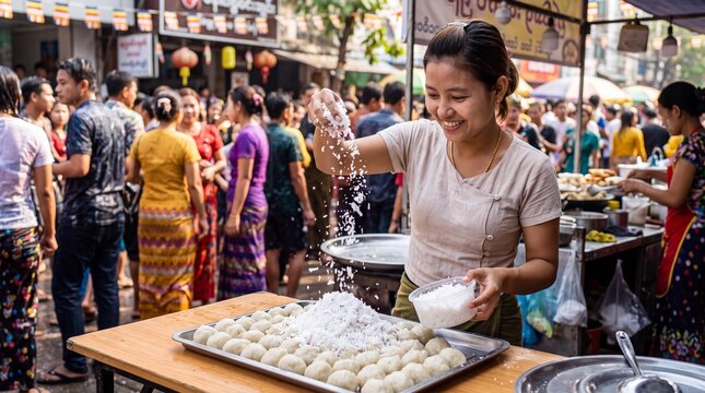 Burmese woman preparing Mont Lone Yay Paw rice balls during Thingyan Festival