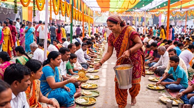 Volunteer serving food to people at a traditional Indian Bhandara feast