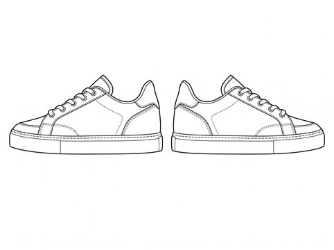 Low profile leather casual sneakers minimal line art technical flat sketch template