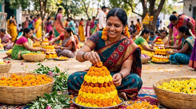 Indian woman arranging marigold flowers for Bathukamma festival celebration