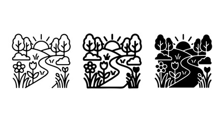 Fototapeta premium Nature Landscape Icons Set, Spring Meadow Path, Stylized Trees and Flowers, Sunny Day Vector Graphics