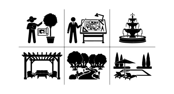Landscape Design Icons, Garden Planning Set, Outdoor Living Elements, Vector Graphics