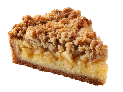 Slice of apple crumble with buttery streusel topping and tender apple filling, freshly baked and isolated on a white background.