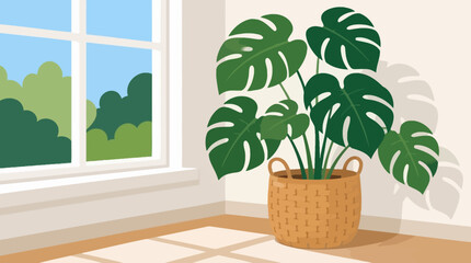 Fototapeta premium Cozy Indoor Interior with Monstera Plant in Wicker Basket by Window