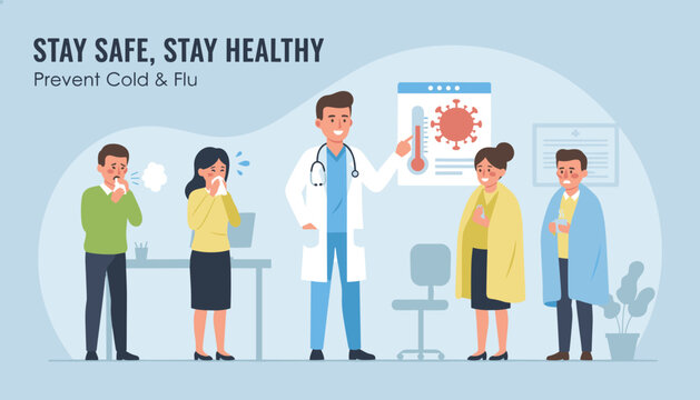 Friendly doctor uses a thermometer chart to explain flu symptoms and medical prevention methods to a group of sick patients in a clinic.