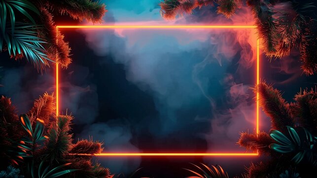 Neon Tropical Jungle Frame with Glowing Orange Border, Smoky Teal Mist and Dark Palm Leaves