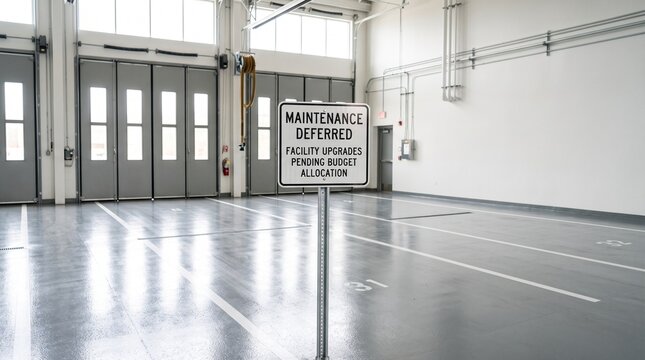 Deferred maintenance sign in empty municipal garage bay