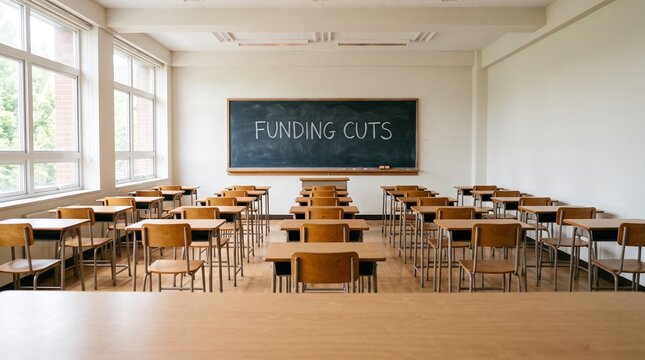 Empty school classroom with funding cuts written on blackboard