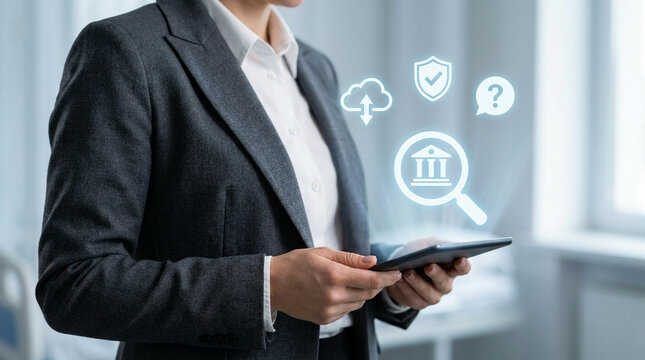 Businesswoman using digital tablet for banking services with financial icons showing security cloud storage and customer support help.