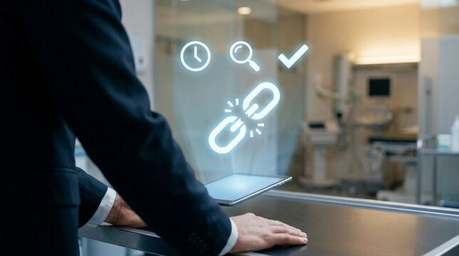 Businessman troubleshooting connection with digital hologram of broken link over tablet in modern high-tech office or laboratory environment.