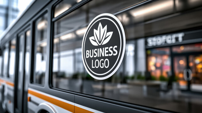 Window logo on glass bus, blurred street background, urban transit scene