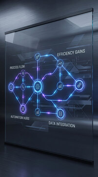 Automation flow map, operational efficiency map, data integration flow, glowing network diagram