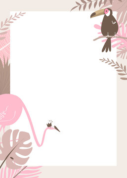 Pastel botanical frame png with tropical flamingo and toucan, transparent background